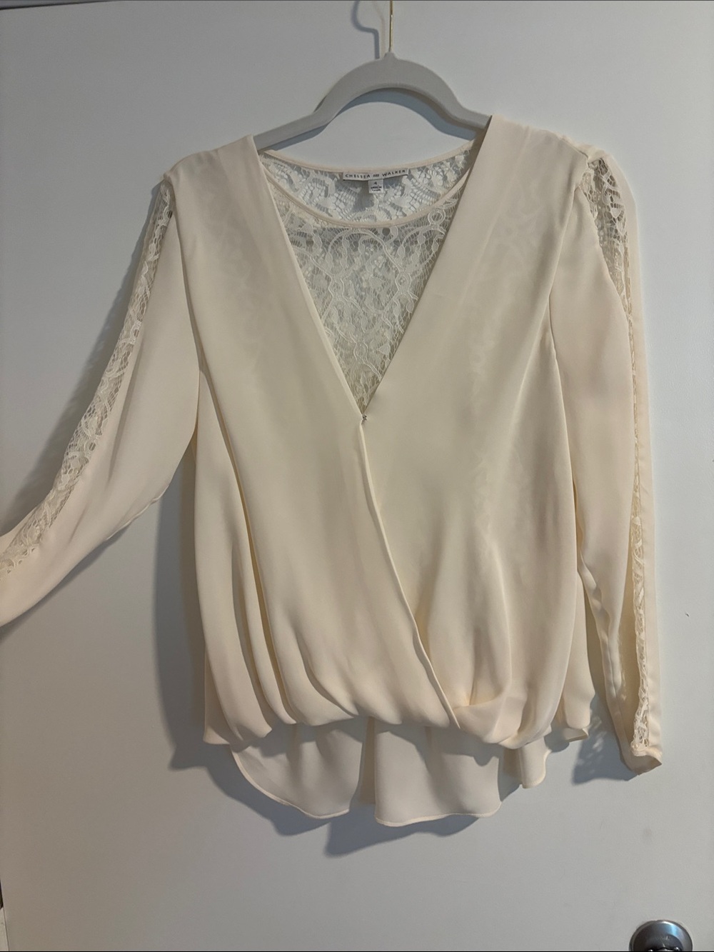 Lace-Inset Cream Wrap Front Blouse